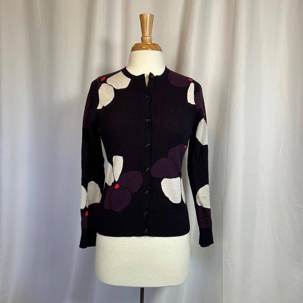 WOMEN'S ANN TAYLOR PURPLE BOLD PRINT CARDIGAN - SIZE SMALL